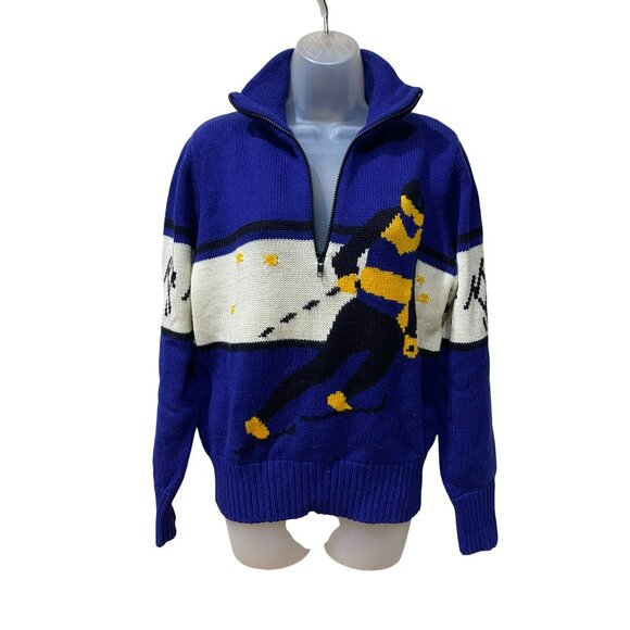 Vintage 70s Obermeyer Womens Ski Sweater M Blue Wool Blend Half-Zip Nordic Style - Picture 2 of 9